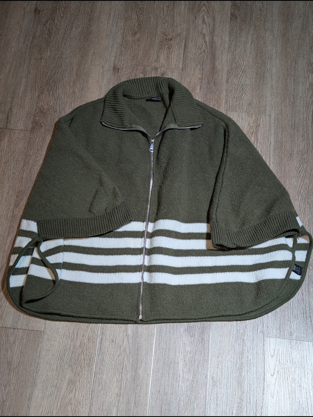 Anthropology,Do everything in love Olive Green Zip-Up Sweater with White Stripes